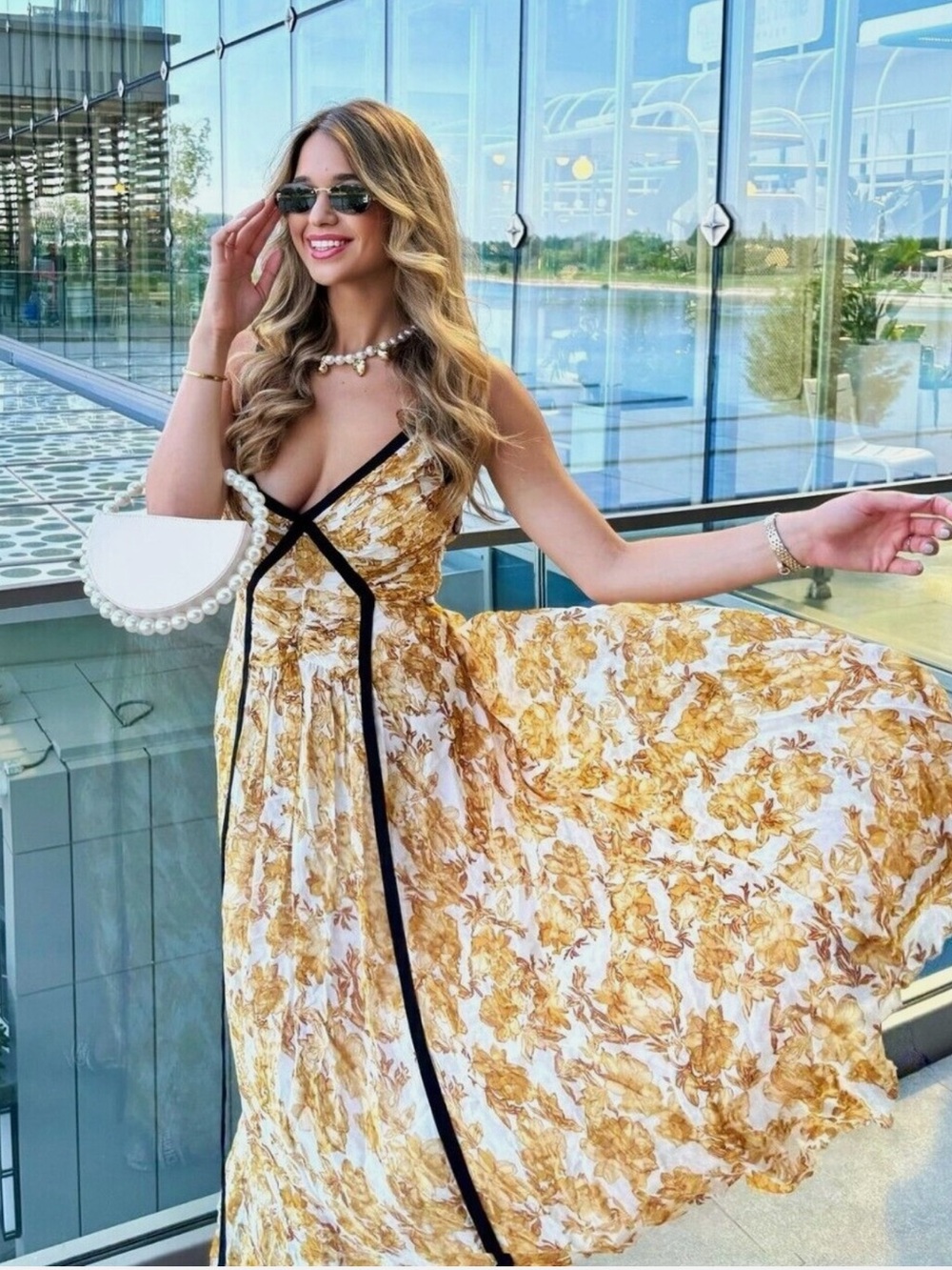 New Zara Printed Ecru Yellow Black Trim Dress